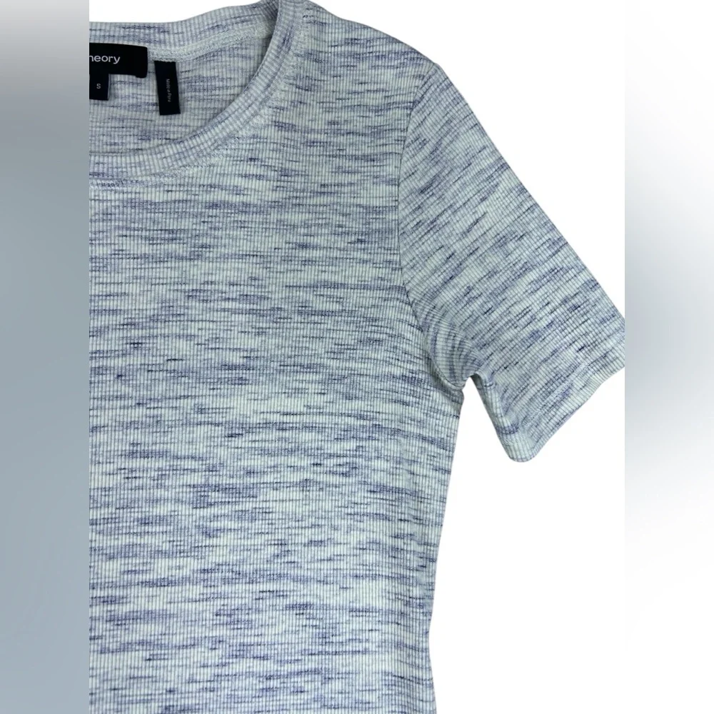 Theory Heathered Blue and Heathered Cream Short Sleeve Mini Dress - Picture 6 of 15